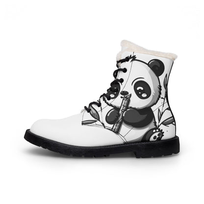 Fur-Lined Leather Boots — Cute Panda Logo